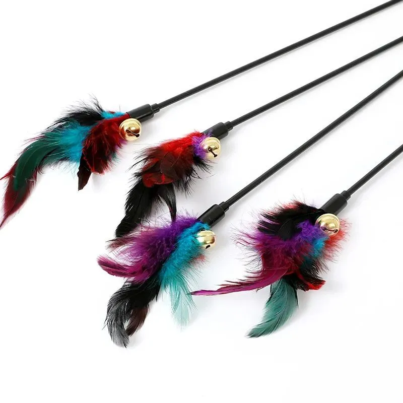 Rainbow feather cat teaser stick with bells, 35cm length, plastic handle and plush feather toy