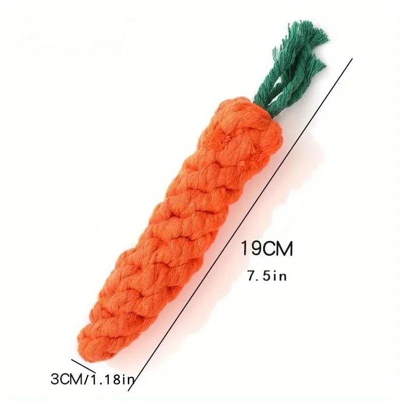 Carrot-shaped cotton rope pet chew toy for small dogs, featuring knot design for interactive play and teeth cleaning