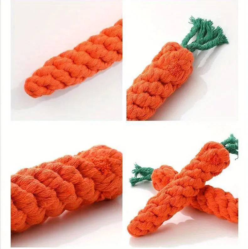 Carrot-shaped cotton rope pet chew toy for small dogs, featuring knot design for interactive play and teeth cleaning