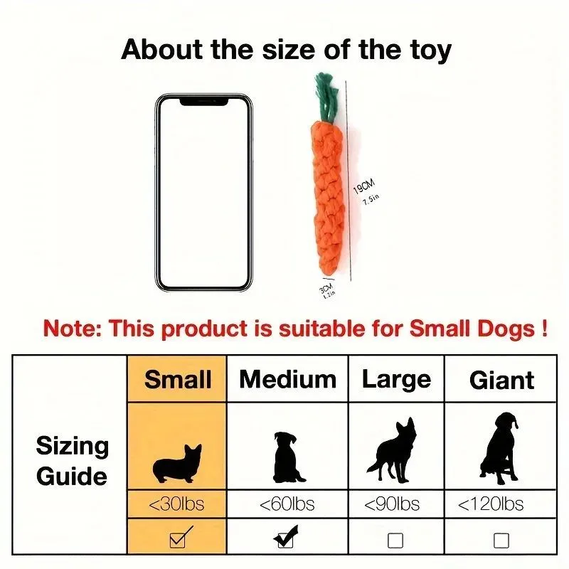 Carrot-shaped cotton rope pet chew toy for small dogs, featuring knot design for interactive play and teeth cleaning