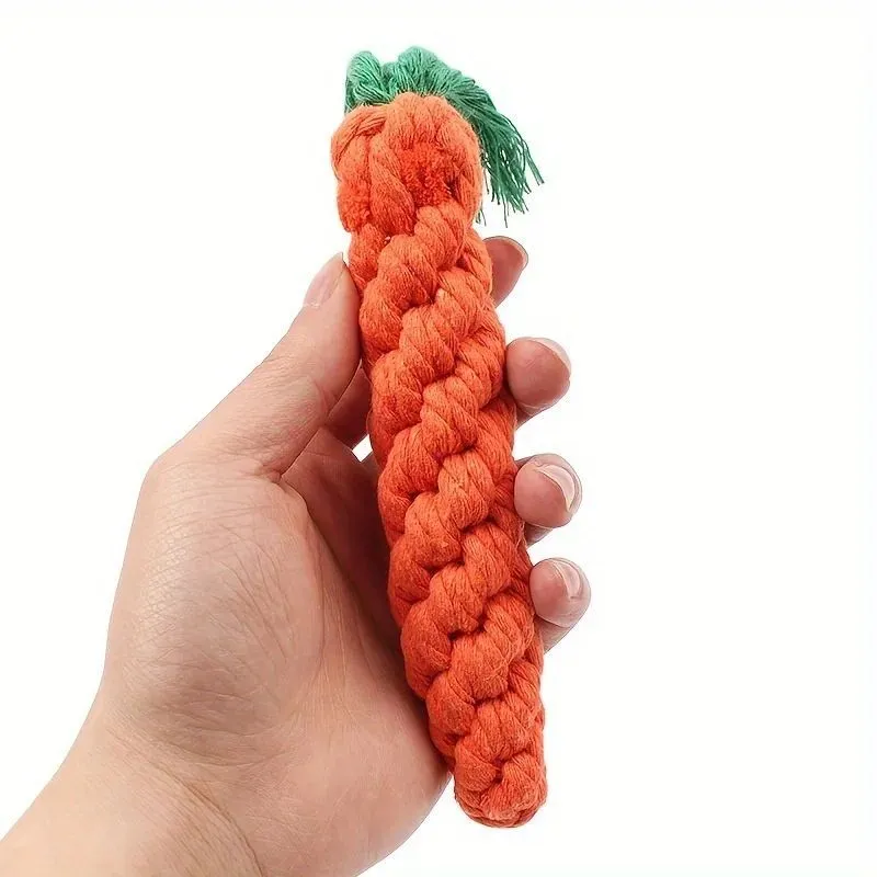 Carrot-shaped cotton rope pet chew toy for small dogs, featuring knot design for interactive play and teeth cleaning