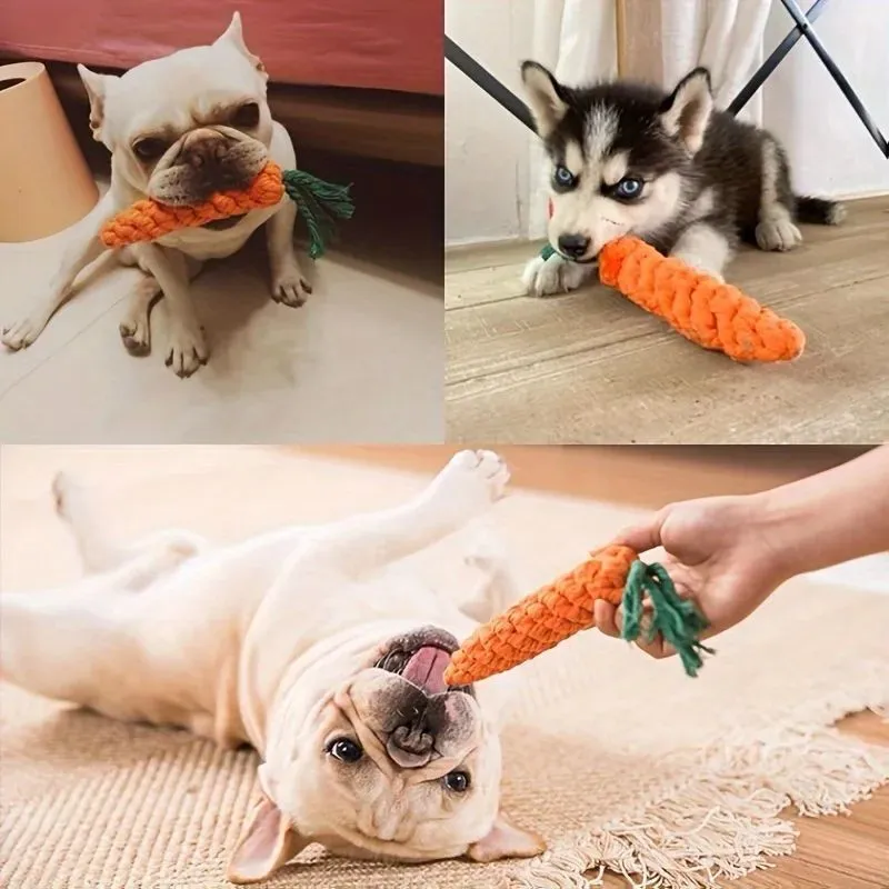 Carrot-shaped cotton rope pet chew toy for small dogs, featuring knot design for interactive play and teeth cleaning