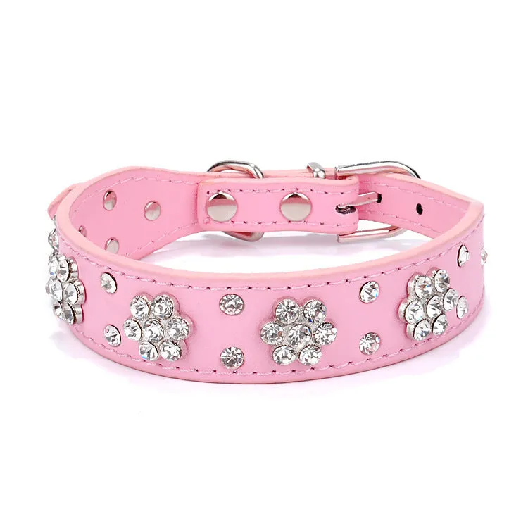 Rhinestone flower studded dog collar in PU leather for small medium dogs