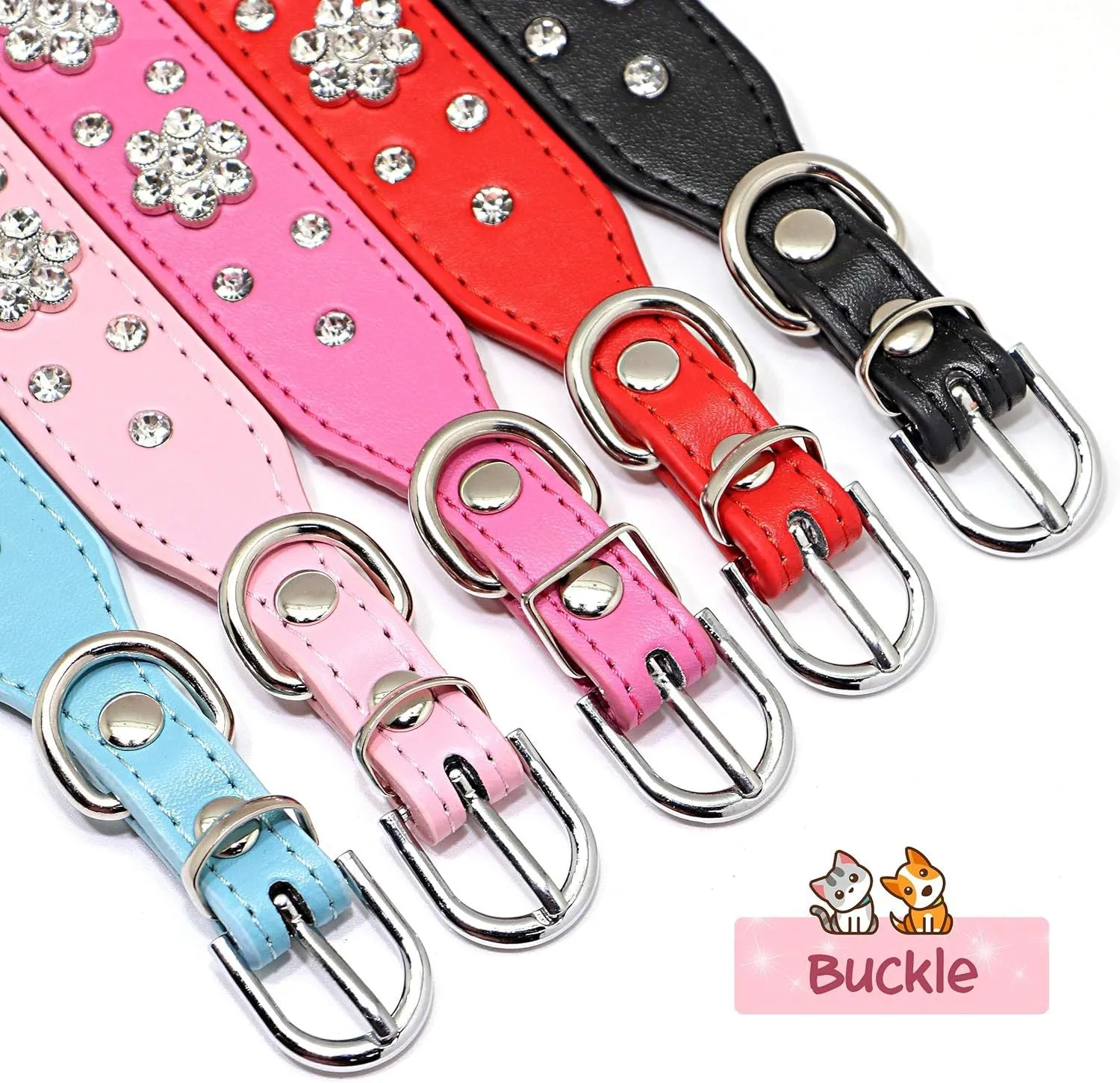 Rhinestone flower studded dog collar in PU leather for small medium dogs
