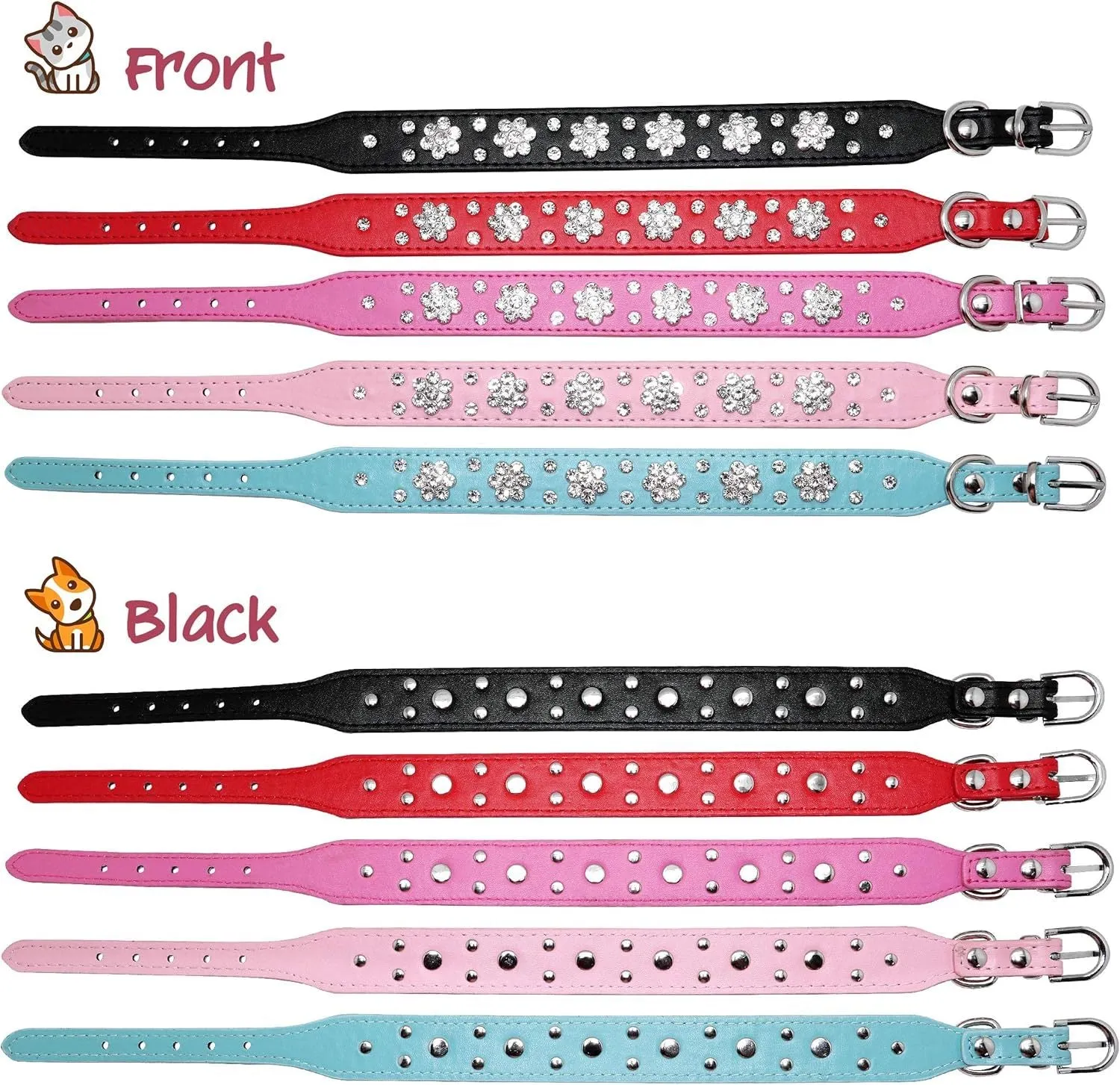 Rhinestone flower studded dog collar in PU leather for small medium dogs