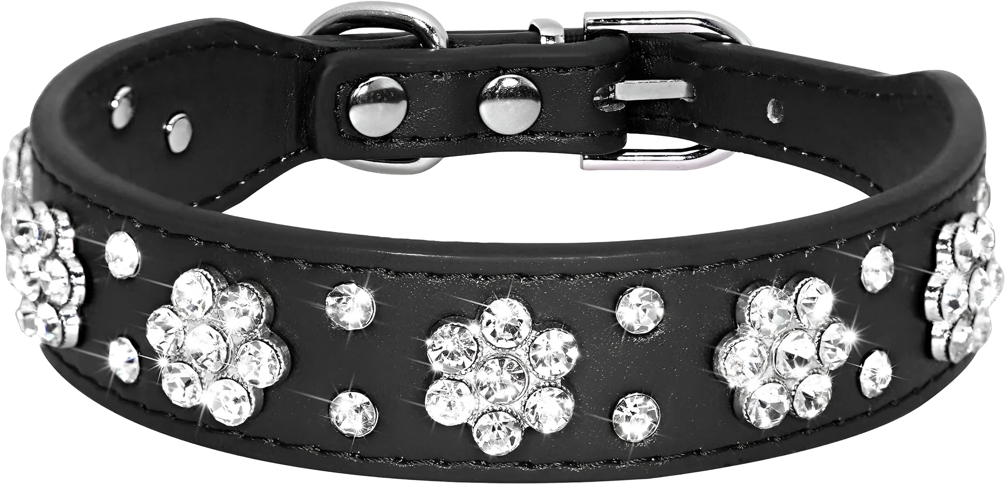 Rhinestone flower studded dog collar in PU leather for small medium dogs