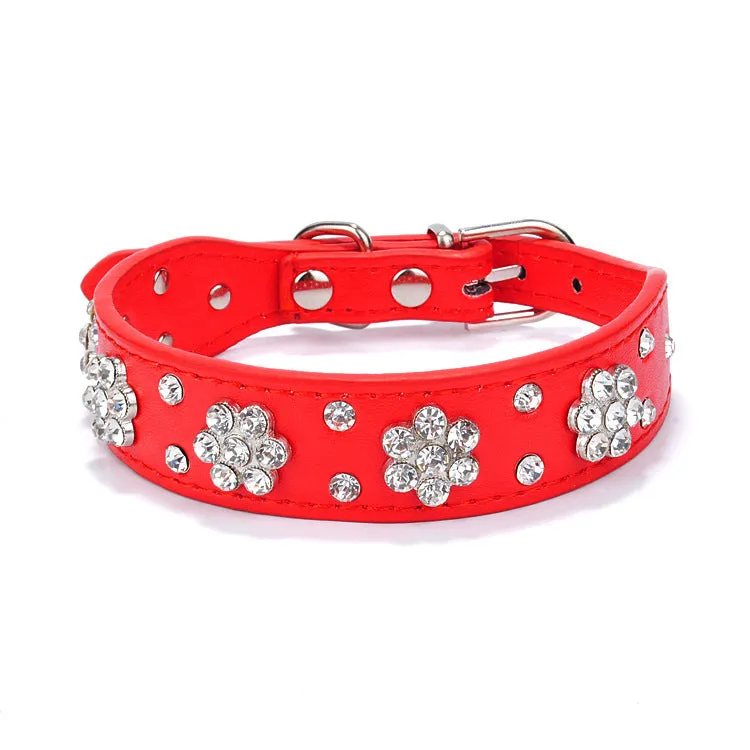 Rhinestone flower studded dog collar in PU leather for small medium dogs