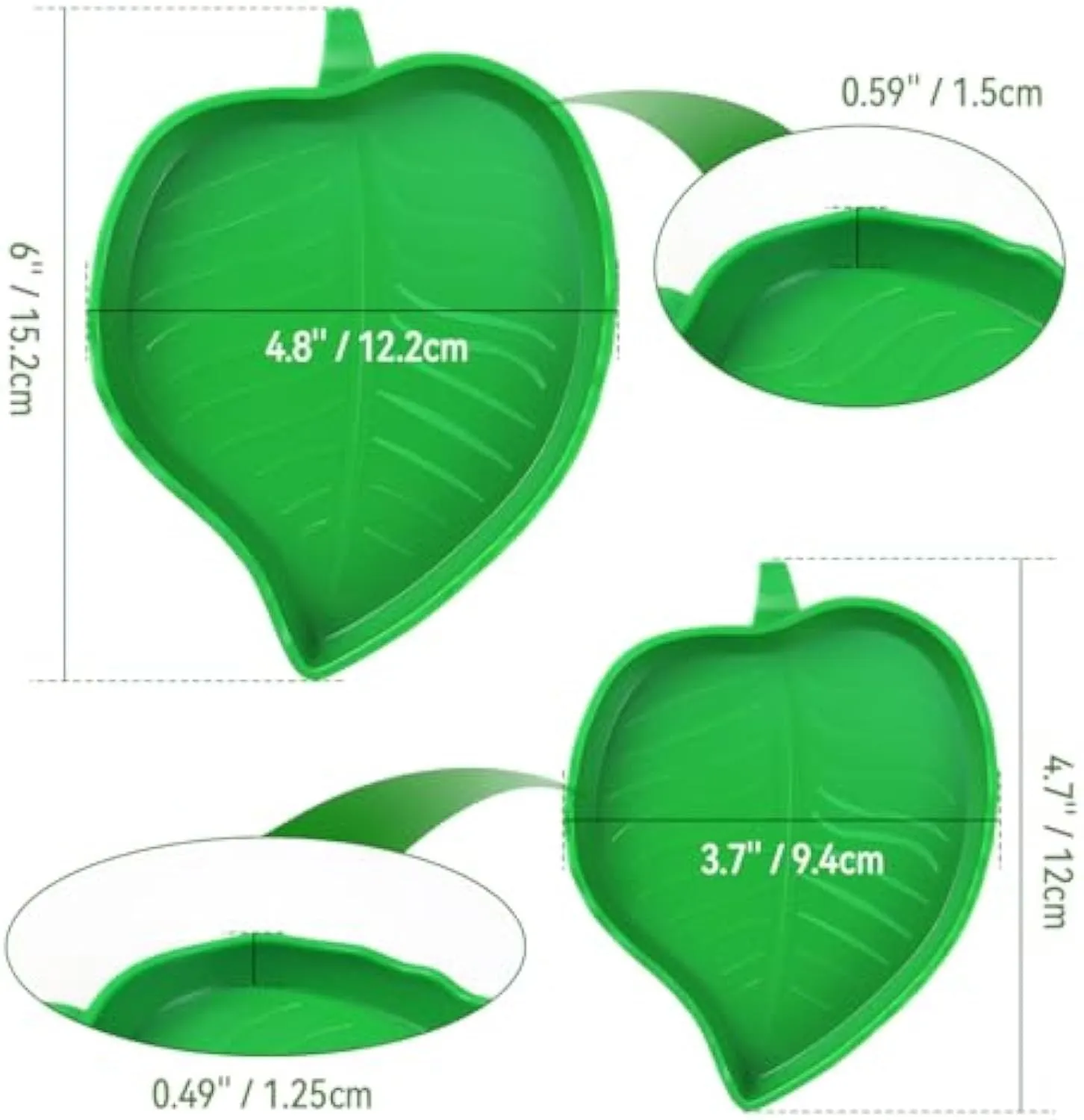 2 pcs leaf-shaped reptile food and water bowls in large and small sizes, made from plastic