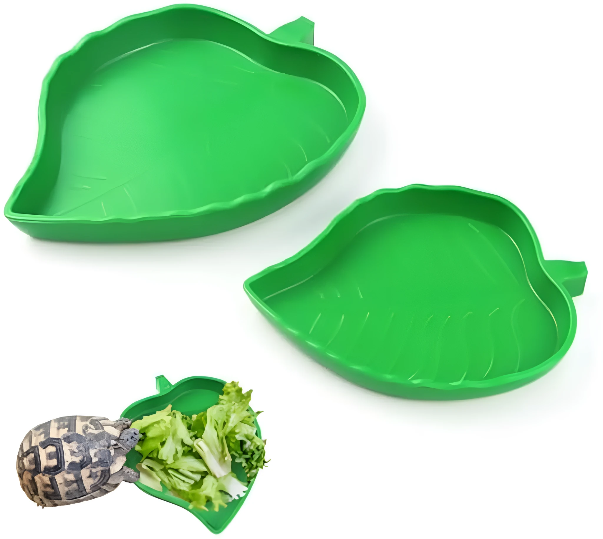 2 pcs leaf-shaped reptile food and water bowls in large and small sizes, made from plastic