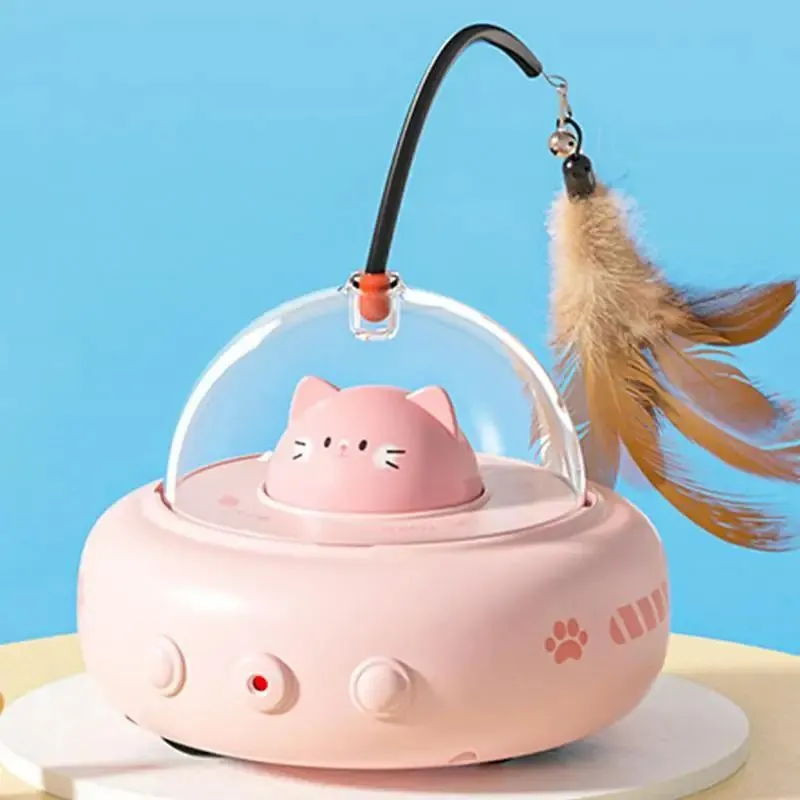 Electric interactive cat toy with feather teaser, 360 red light beam, ABS body and TPR wheels, in pink colour
