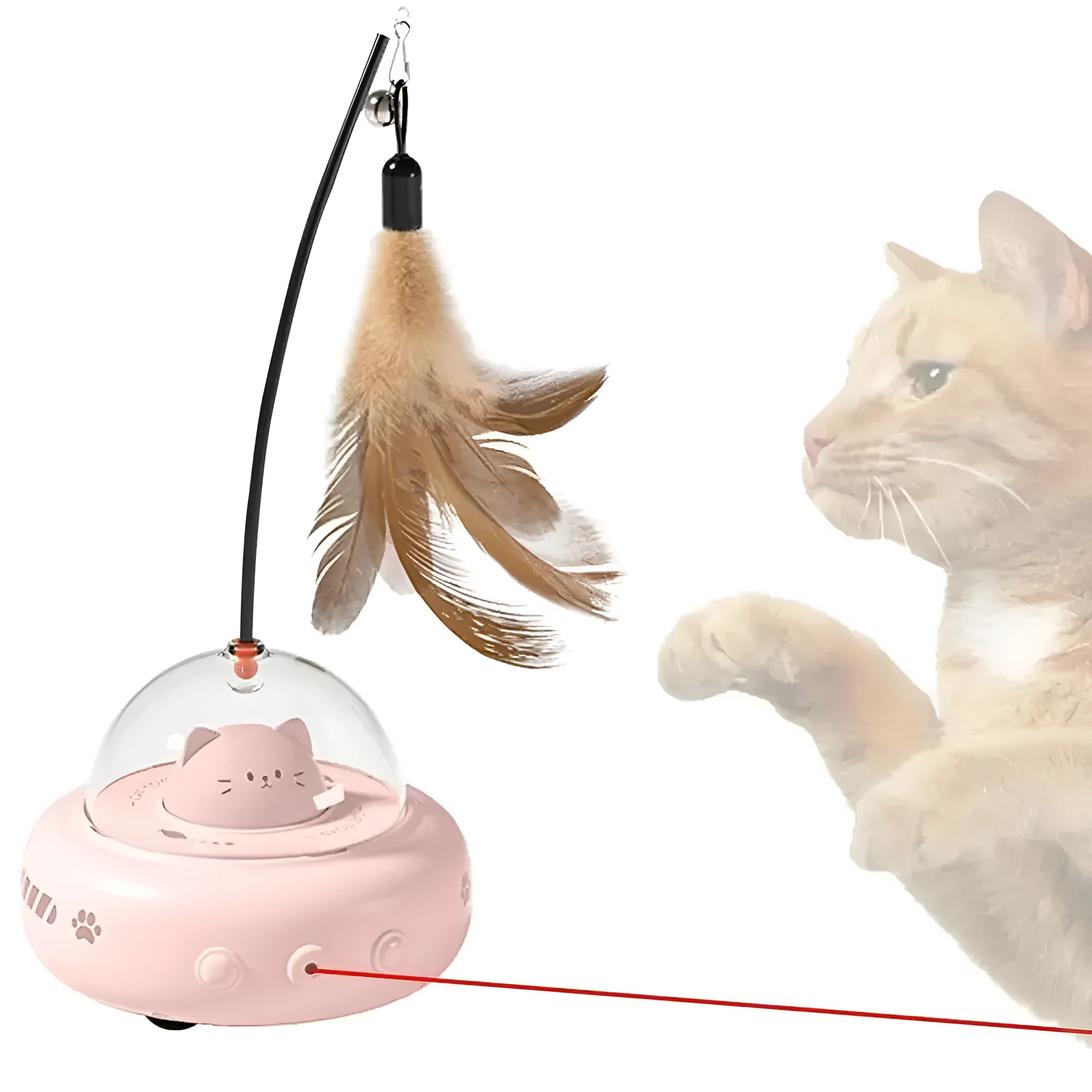 Electric interactive cat toy with feather teaser, 360 red light beam, ABS body and TPR wheels, in pink colour
