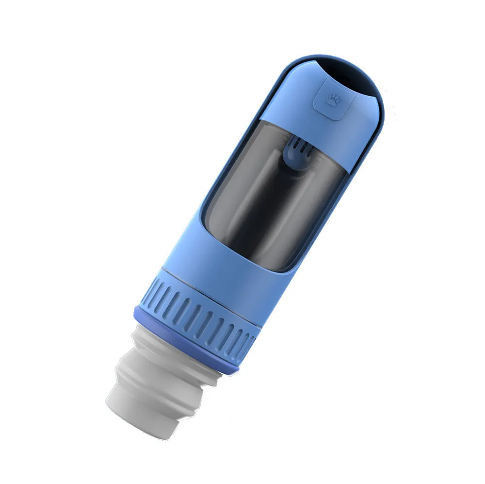 Dark blue portable dog water bottle with built-in drinking bowl showing leak-proof lock mechanism