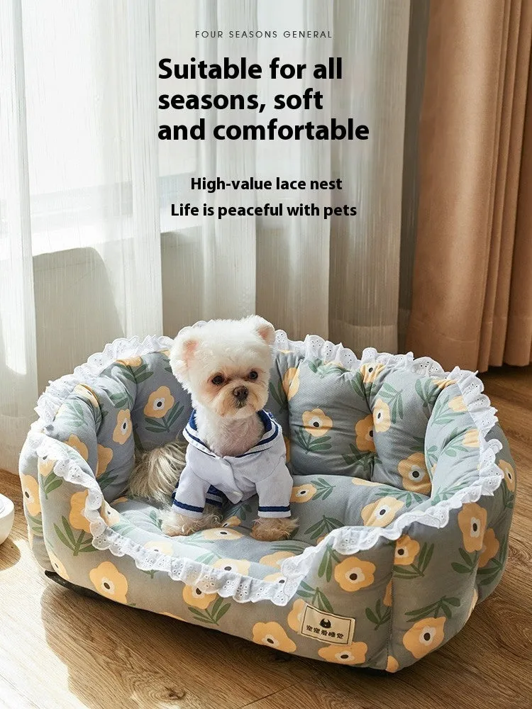 Four Seasons removable washable warm dog sofa pet cushion in gray with small flowers
