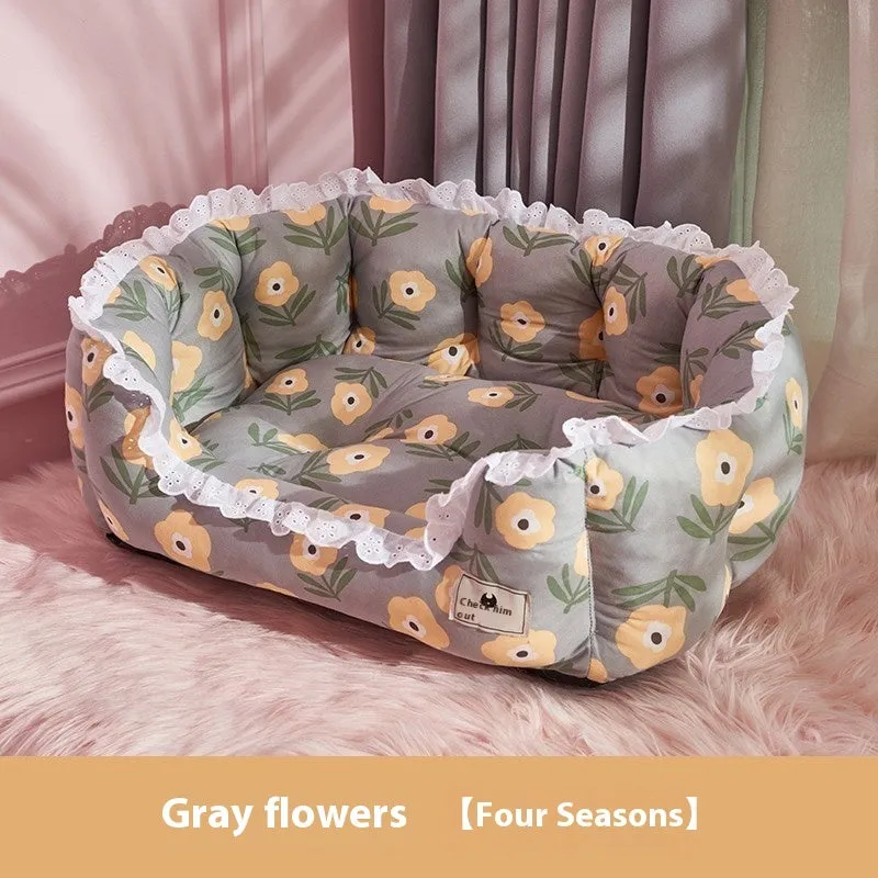 Four Seasons removable washable warm dog sofa pet cushion in gray with small flowers