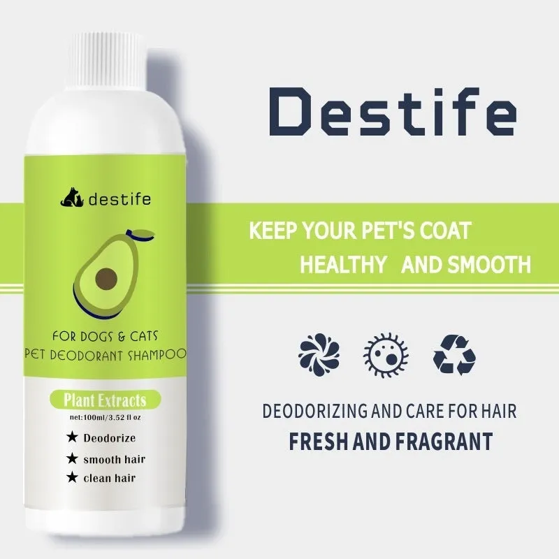 100ml bottle of pet shampoo and conditioner for dogs and cats with deodorising and shed control properties
