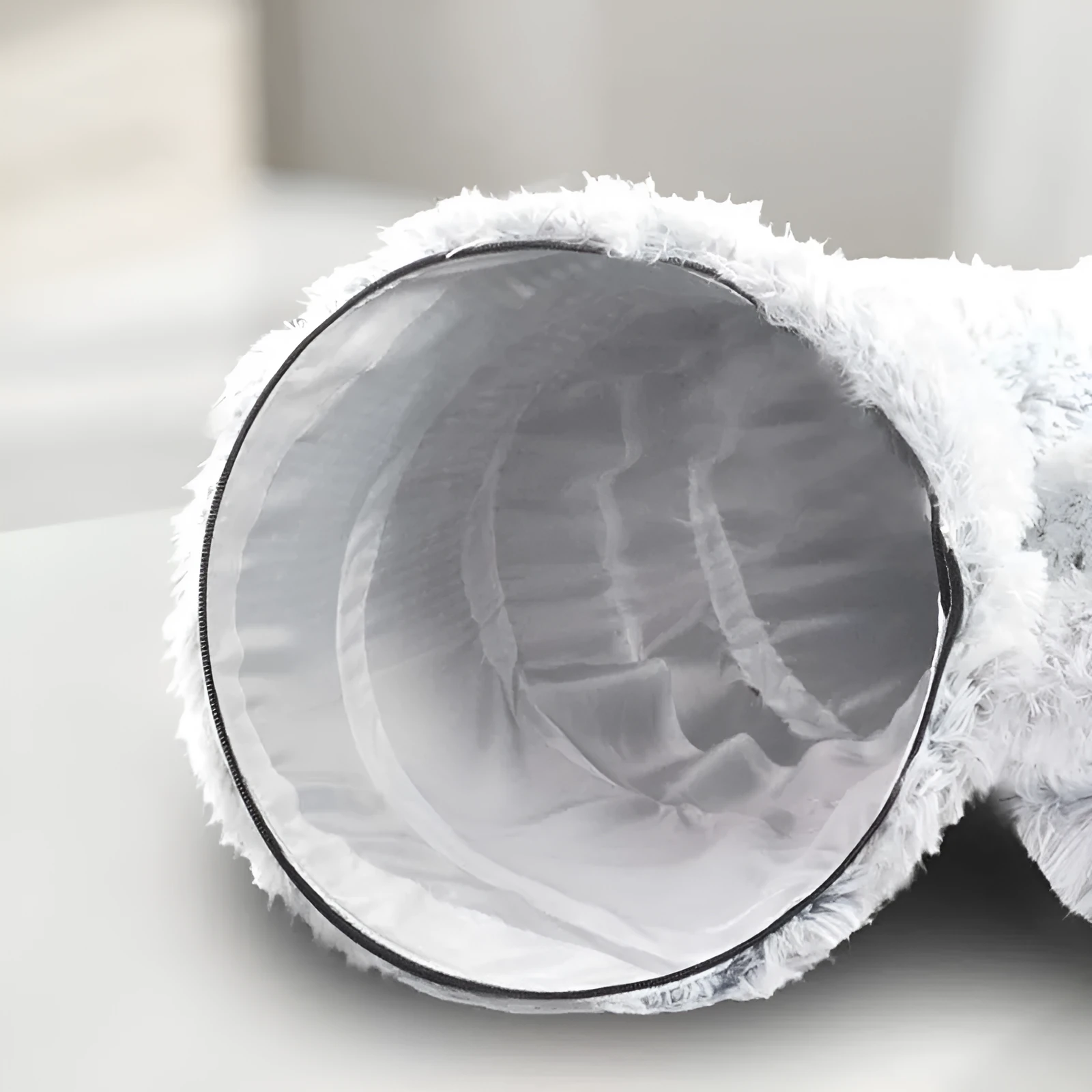 Plush cat bed with tunnel in donut shape, removable cushion, non-slip base for indoor cats