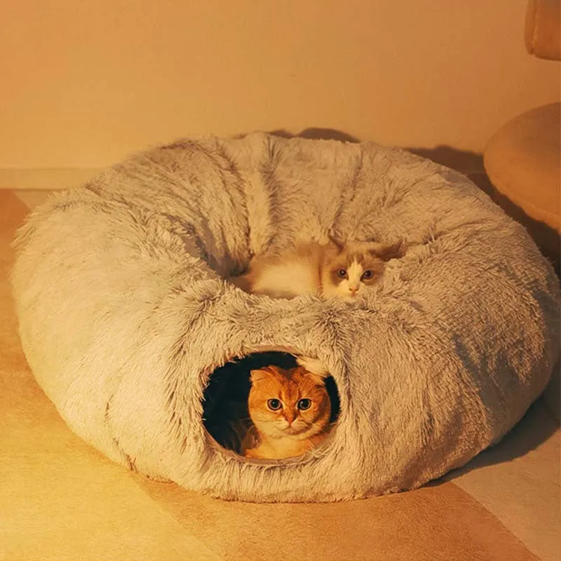 Plush cat bed with tunnel in donut shape, removable cushion, non-slip base for indoor cats
