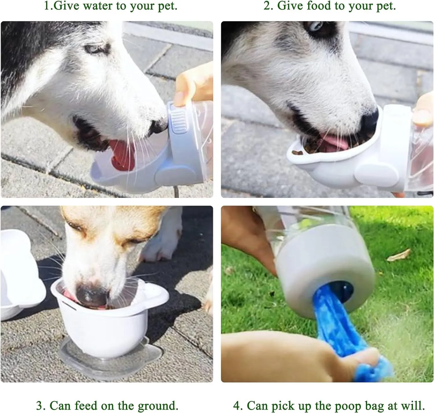 Green 3-in-1 portable pet water bottle with food container and bag dispenser, held by its strap.