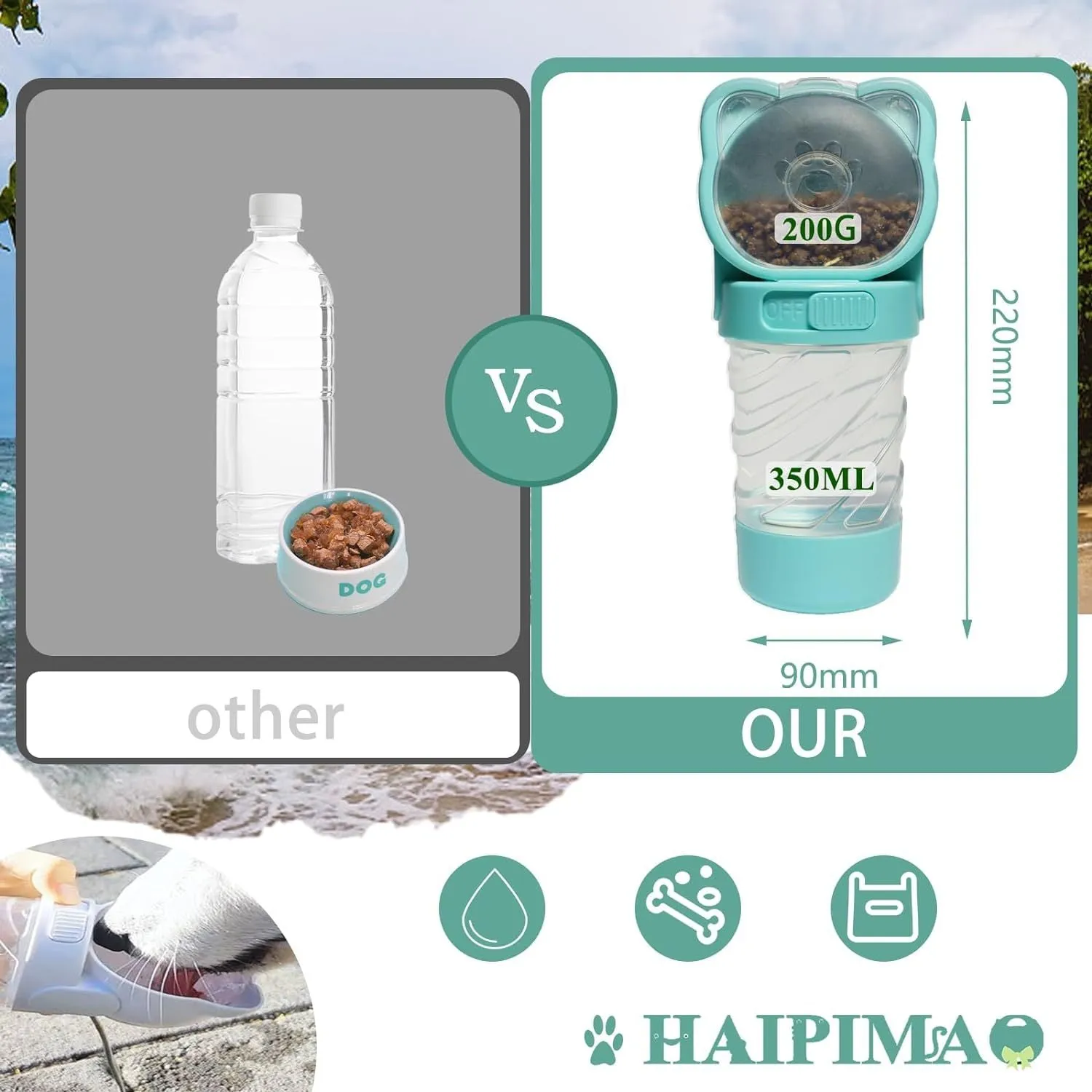 Green 3-in-1 portable pet water bottle with food container and bag dispenser, held by its strap.