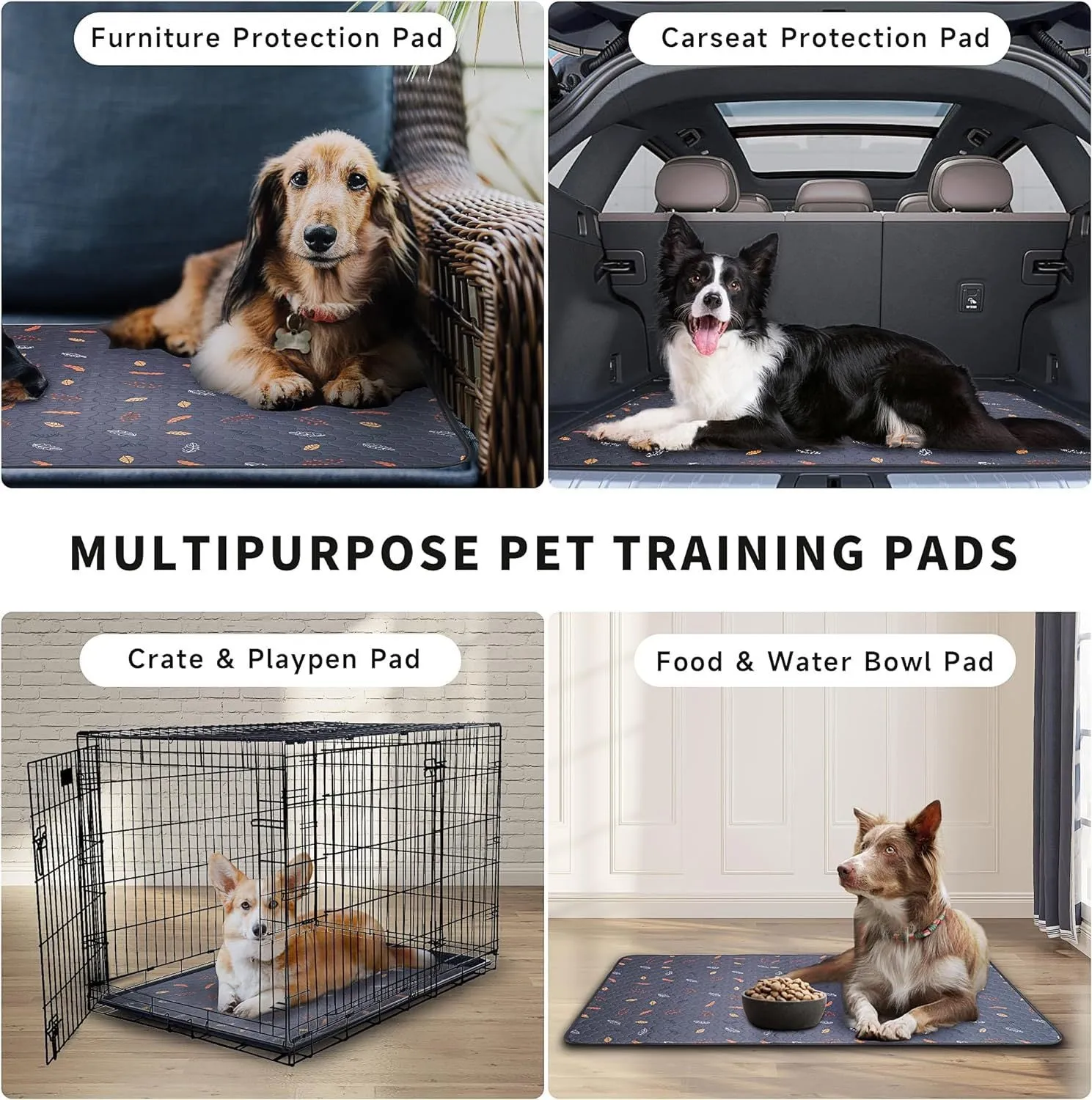 Reusable cloth dog training pad in dark gray leaves pattern, absorbent and non-slip, 100x155cm size