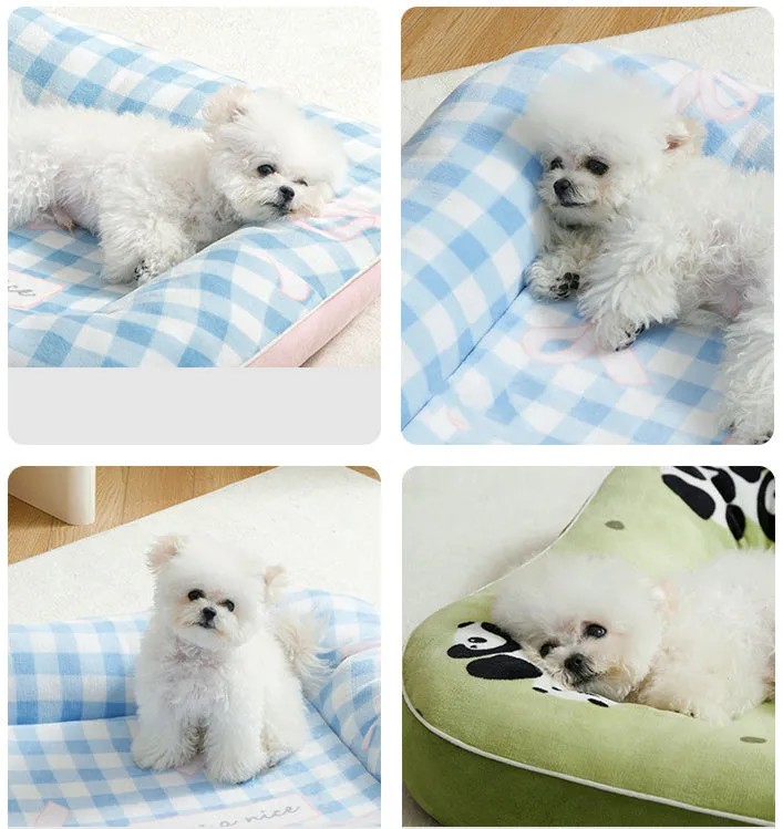 Blue small dog bed cushion with PP cotton fill, size M, on a sofa