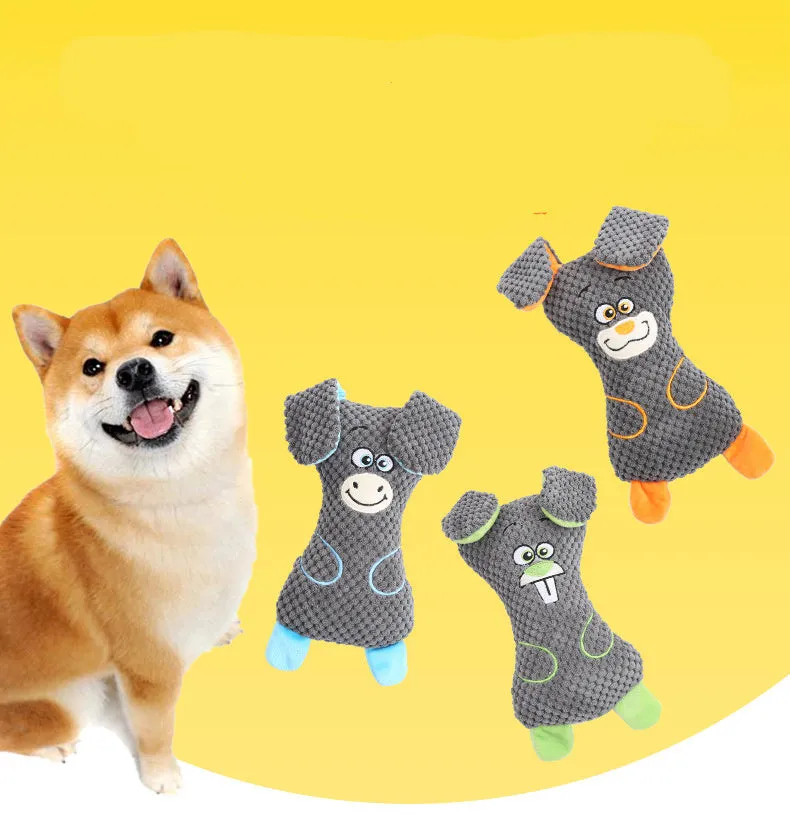 Dog plush bites toy in animal shape with squeaker for teeth cleaning, available in blue green orange