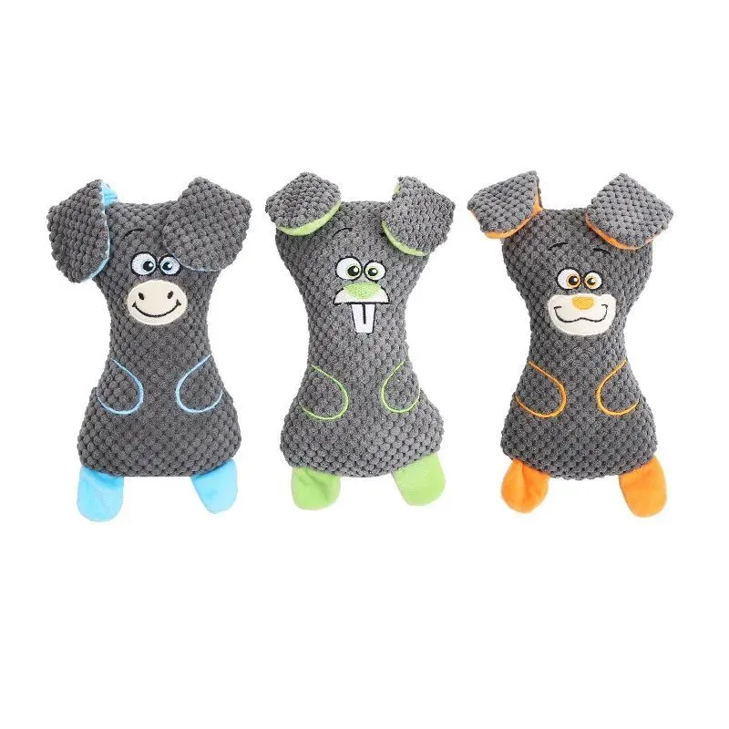 Dog plush bites toy in animal shape with squeaker for teeth cleaning, available in blue green orange