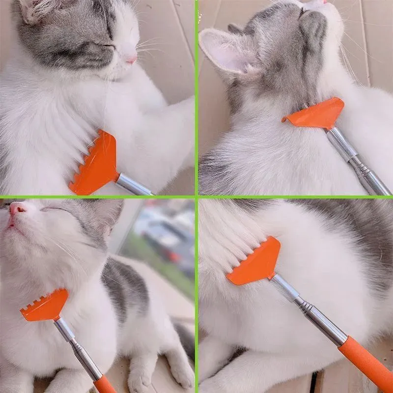 Orange retractable cat scratching toy with stainless steel body extended to full length
