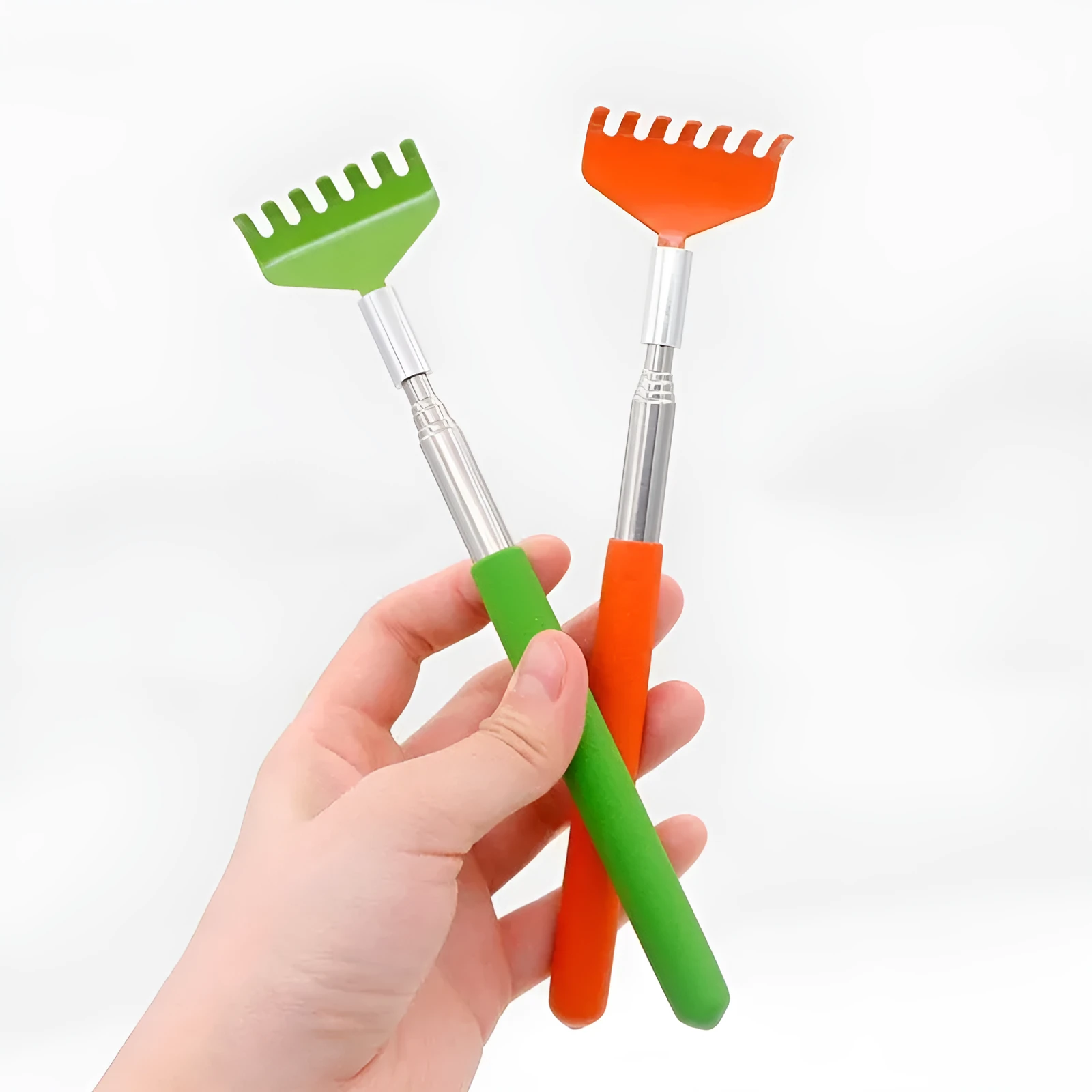 Orange retractable cat scratching toy with stainless steel body extended to full length