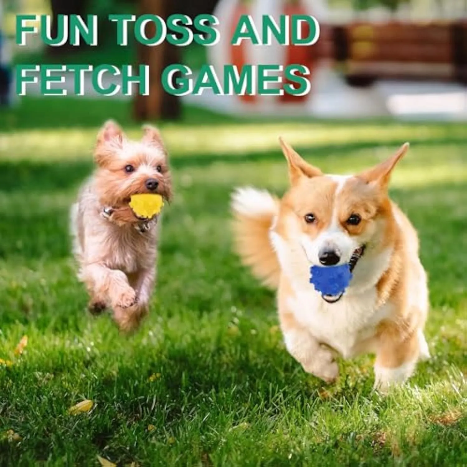 Bright blue, green, pink, and yellow squeaky dog toy balls with a spiky texture and paw print dimples.