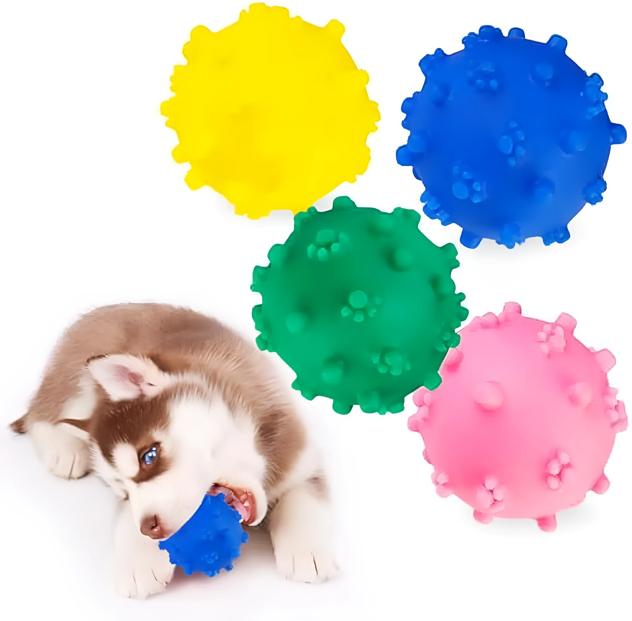 Bright blue, green, pink, and yellow squeaky dog toy balls with a spiky texture and paw print dimples.