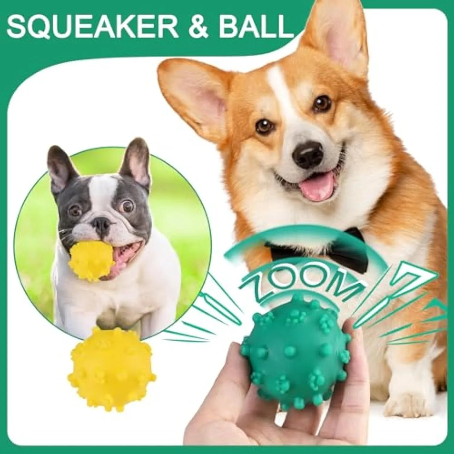 Bright blue, green, pink, and yellow squeaky dog toy balls with a spiky texture and paw print dimples.