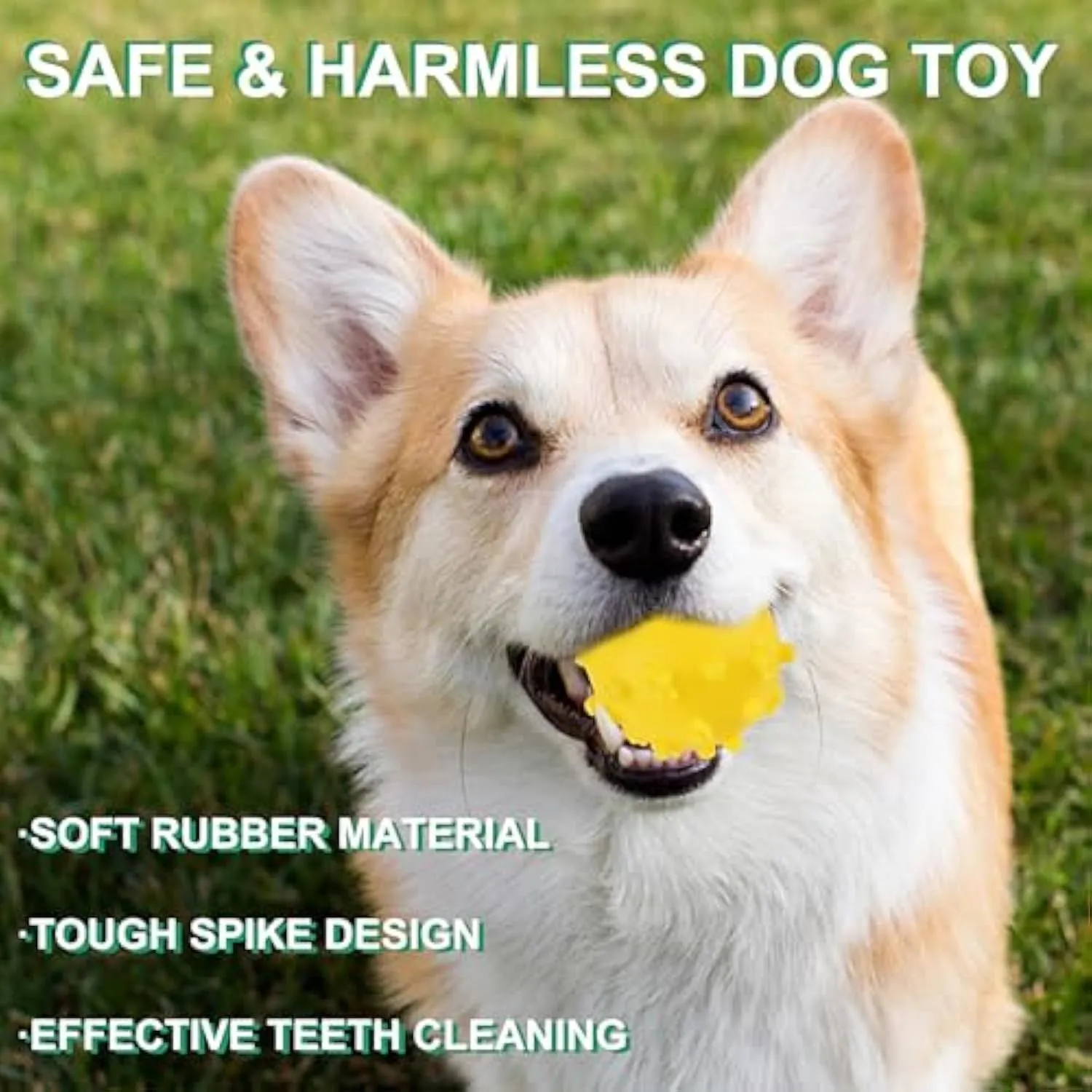 Bright blue, green, pink, and yellow squeaky dog toy balls with a spiky texture and paw print dimples.