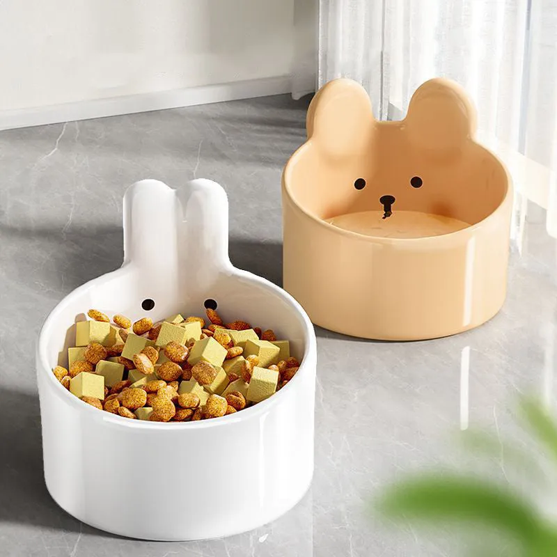 White ceramic pet food bowl with slant design on a plain surface