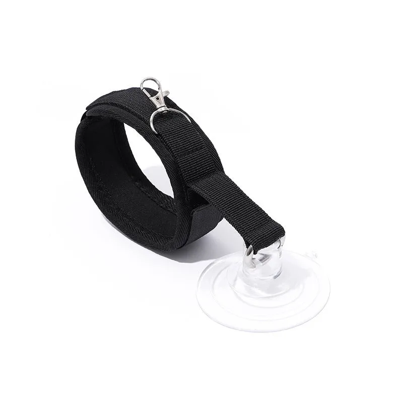 Adjustable fabric pet bathing restraint collar with suction cup in black, grey, and pink
