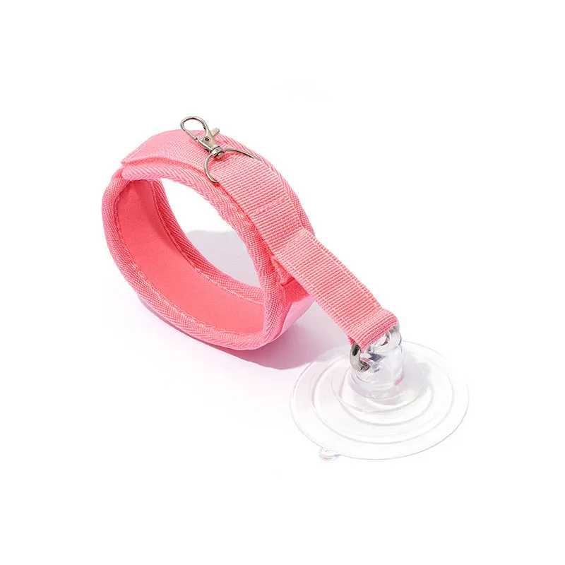 Adjustable fabric pet bathing restraint collar with suction cup in black, grey, and pink