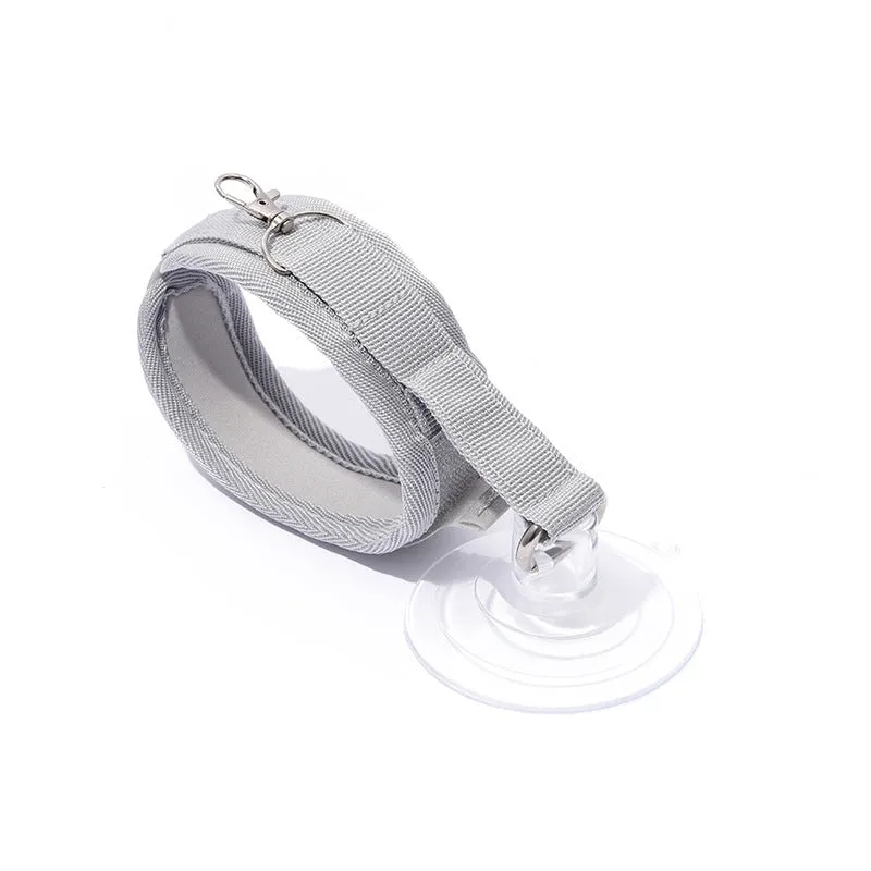 Adjustable fabric pet bathing restraint collar with suction cup in black, grey, and pink