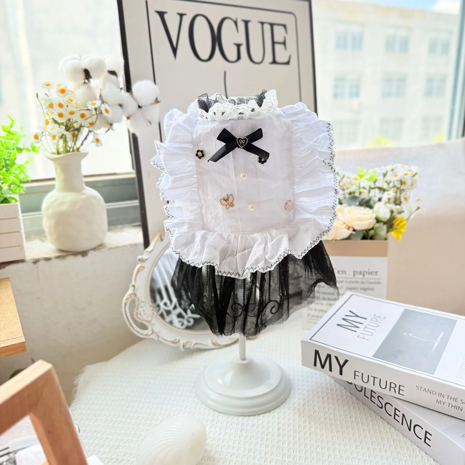 White yarn skirt princess-style dog dress for small dogs, shown on a mannequin.