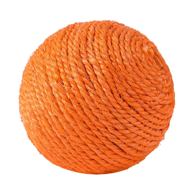 White sisal rope ball cat toy with bell on wooden floor, 8cm diameter