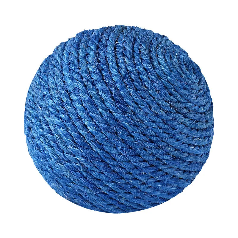 White sisal rope ball cat toy with bell on wooden floor, 8cm diameter