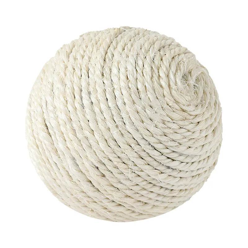White sisal rope ball cat toy with bell on wooden floor, 8cm diameter