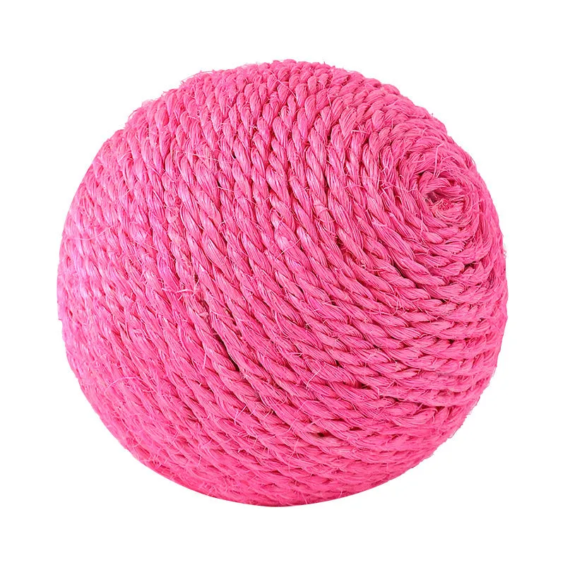 White sisal rope ball cat toy with bell on wooden floor, 8cm diameter