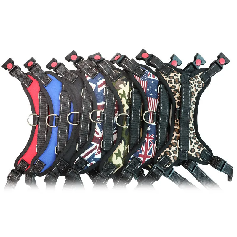 Explosion-proof polyester dog chest strap in army green camouflage on a medium dog