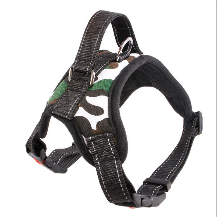 Explosion-proof polyester dog chest strap in army green camouflage on a medium dog