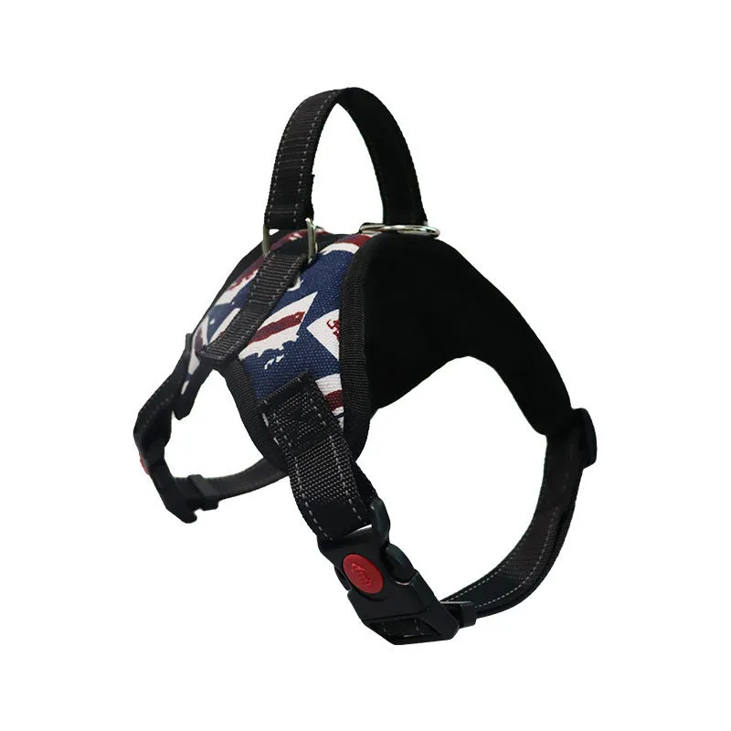Explosion-proof polyester dog chest strap in army green camouflage on a medium dog