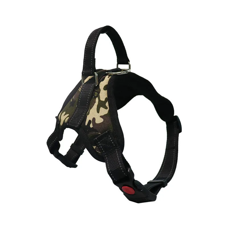 Explosion-proof polyester dog chest strap in army green camouflage on a medium dog