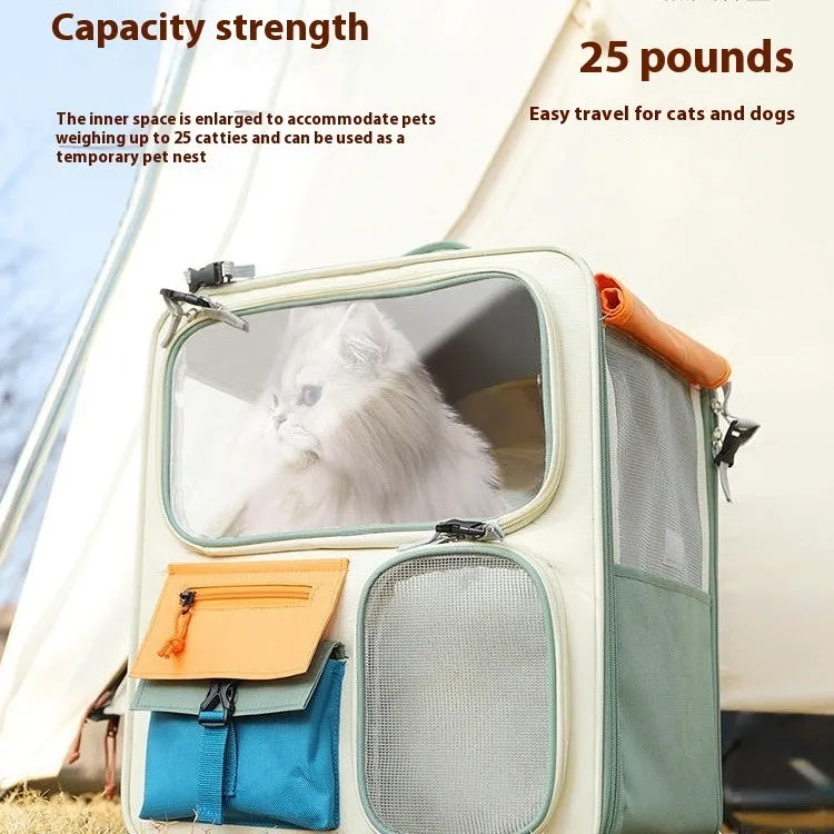 Outdoor portable cat backpack in beige green Oxford fabric with 45L capacity