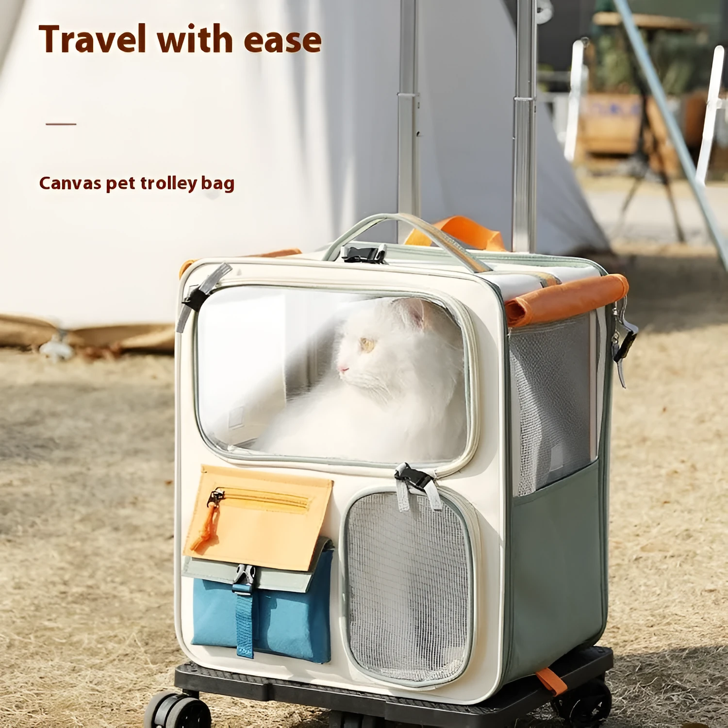 Outdoor portable cat backpack in beige green Oxford fabric with 45L capacity