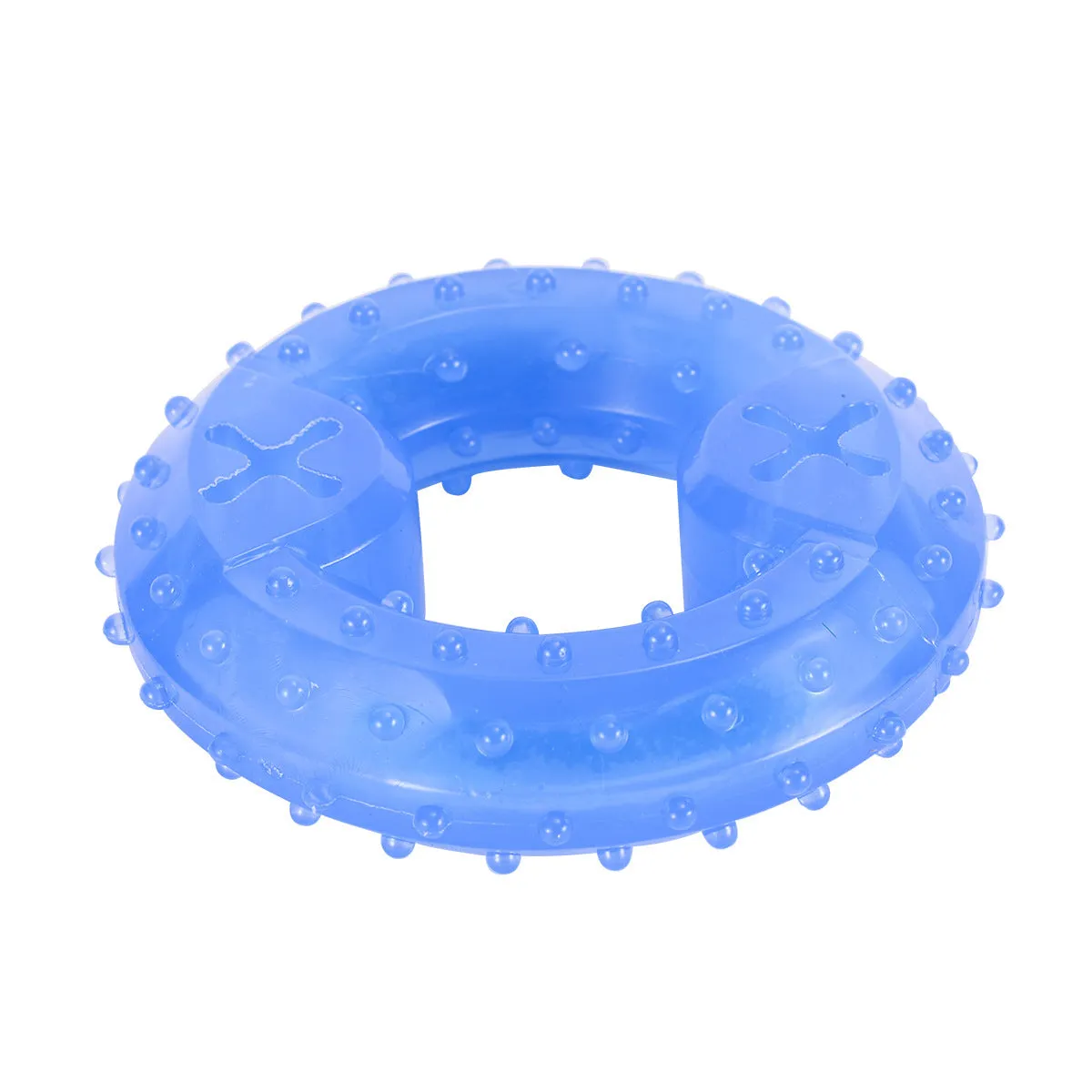 Blue freezable dog chew toy in bone and circle shapes for teething and cooling relief.