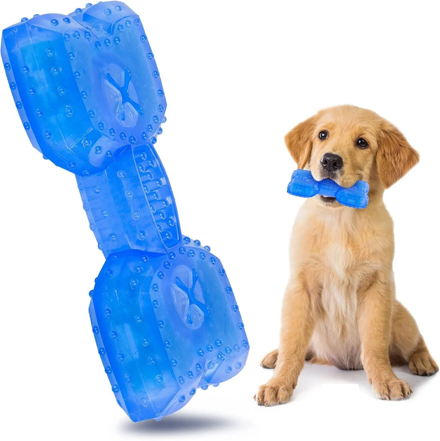 Blue freezable dog chew toy in bone and circle shapes for teething and cooling relief.